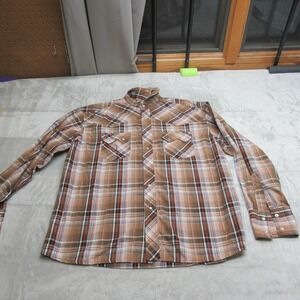 Rustler Wrangler Pearl Snap Shirt Mens Small Brown Plaid Long Sleeve Western VTG
